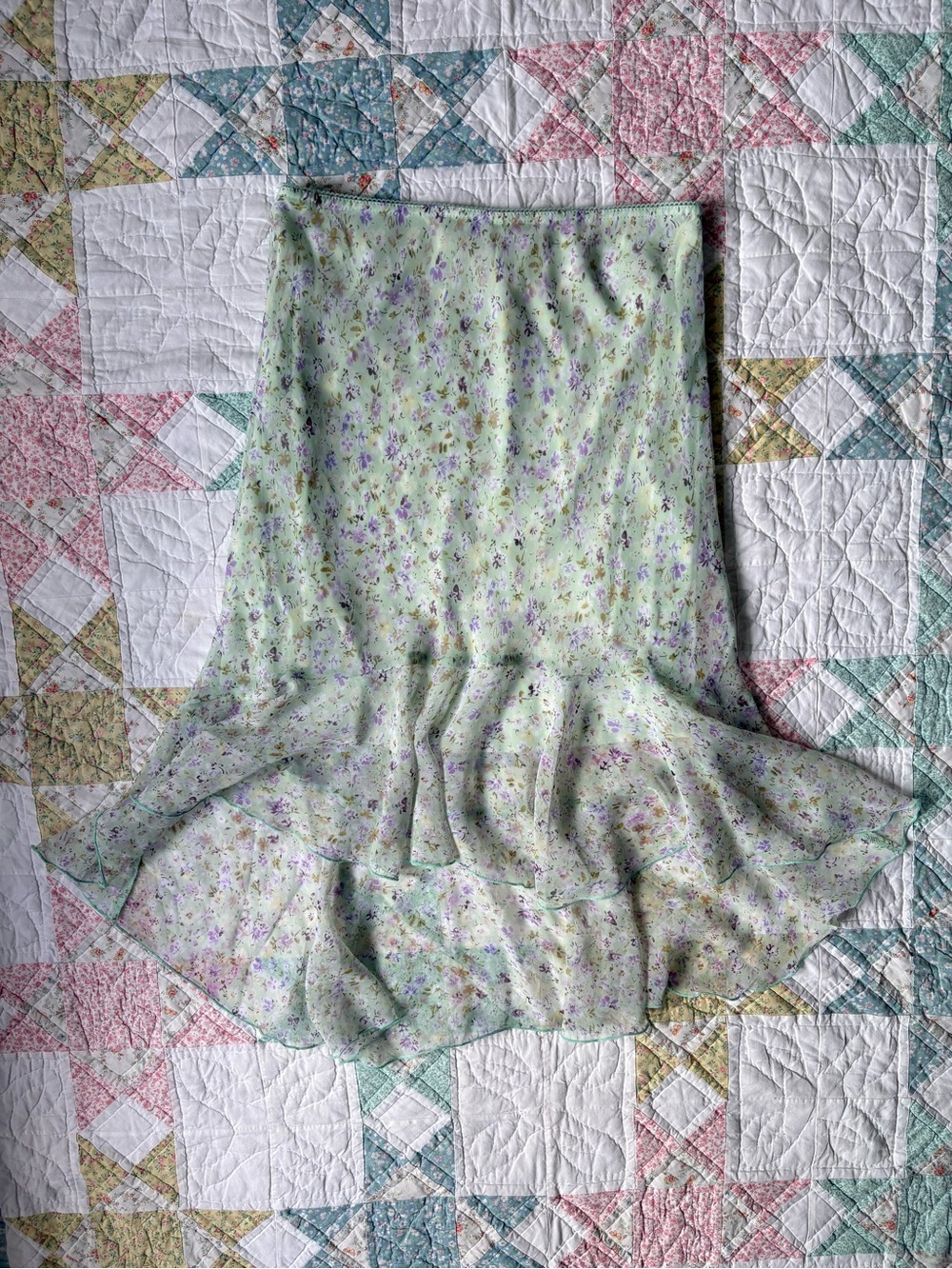 Vintage Y2K Ditsy Floral Midi Skirt Medium High Low Stretchy Sheer Fairy Cottage